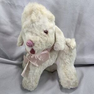 Vintage French Poodle Dog Mohair Plush Stuffed Toy Orange Eyes White Pink 9 Inch